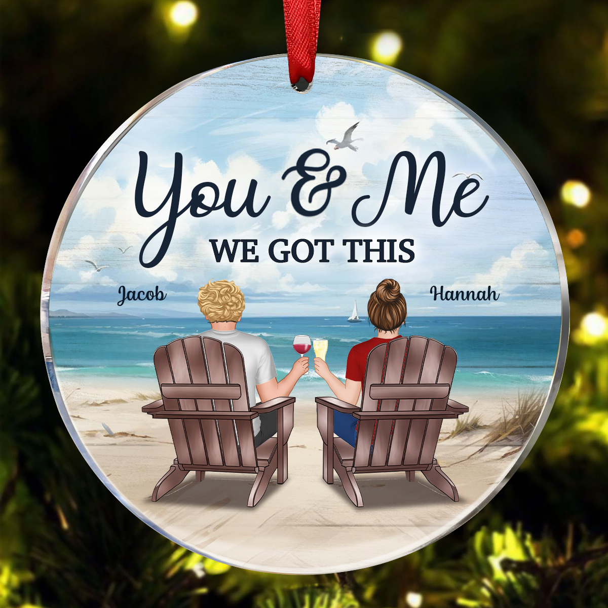 Back View Couple Sitting Beach Landscape Personalized Circle Ornament