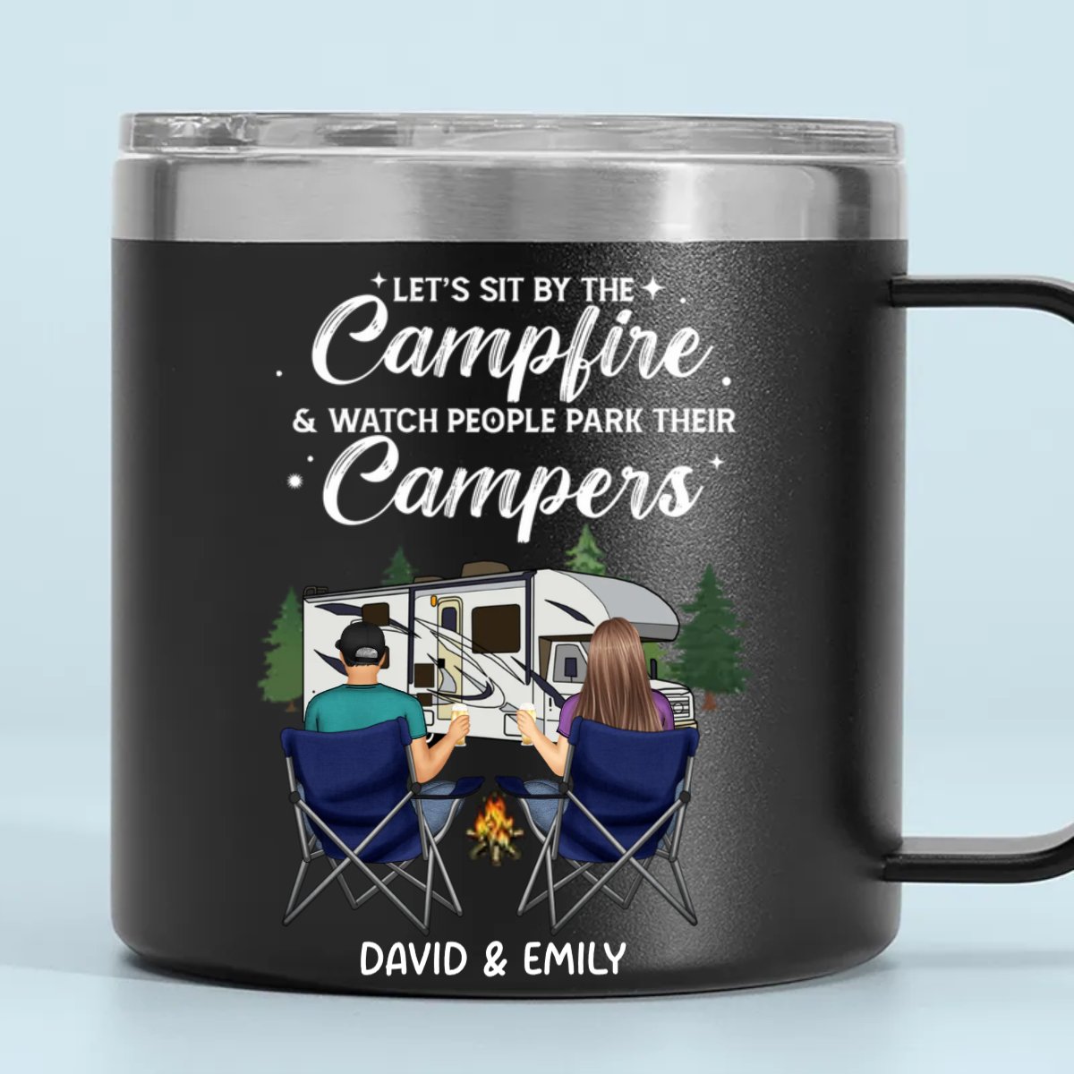 14oz Couple - Let's Sit By The Campfire - Personalized Stainless Steel Tumbler With Handle - Makezbright Gifts