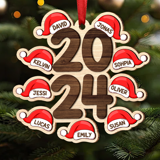 Family Stacked 2024 Santa Hats Personalized Wooden Ornament, Christmas Gift