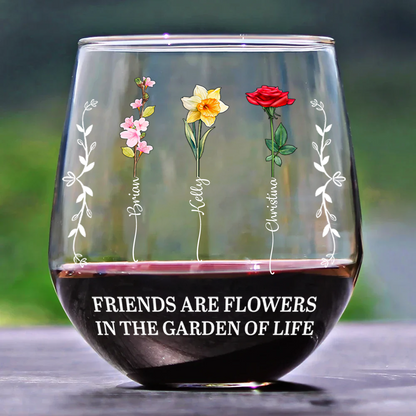 Birth Flower Grow An Old Friend Bestie - Personalized Stemless Wine Glass