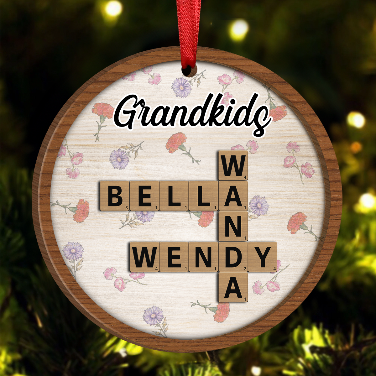 Grandkids Grandma's Garden Crossword Puzzle Art Birth Month Flower Personalized Wooden Ornament