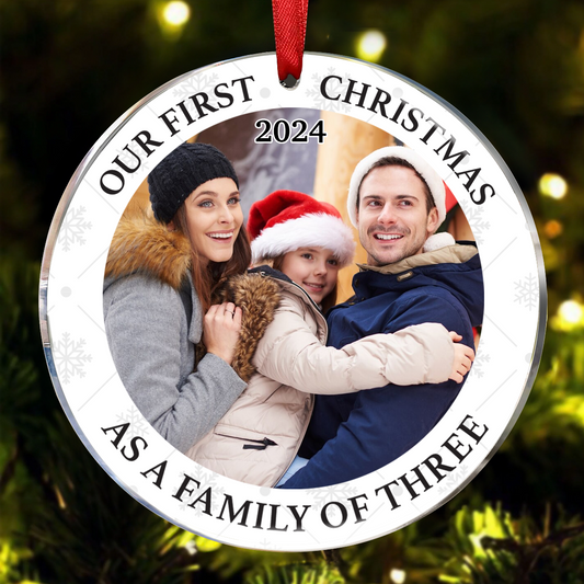 Custom Photo First Christmas As A Family Of Three New Parents - Personalized Circle Acrylic Ornament