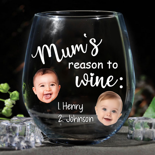 Custom Photo Mom's Reasons To Drink Custom Kid Names - Personalized Stemless Wine Glass