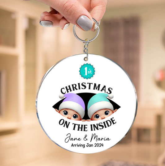 Personalized Twins Baby's First Christmas On the Inside Acrylic Keychain, Custom Pregnancy Reveal Acrylic Keychain, Expecting Parents