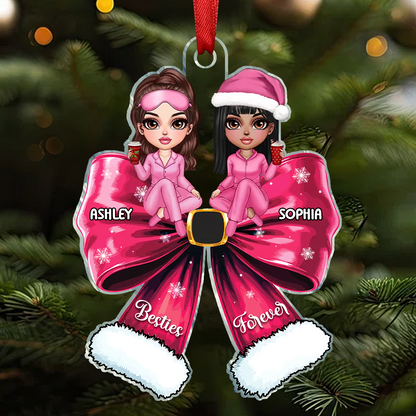 Christmas Coquette Bow Best Friends Personalized Acrylic Ornament, Christmas Gift For Besties