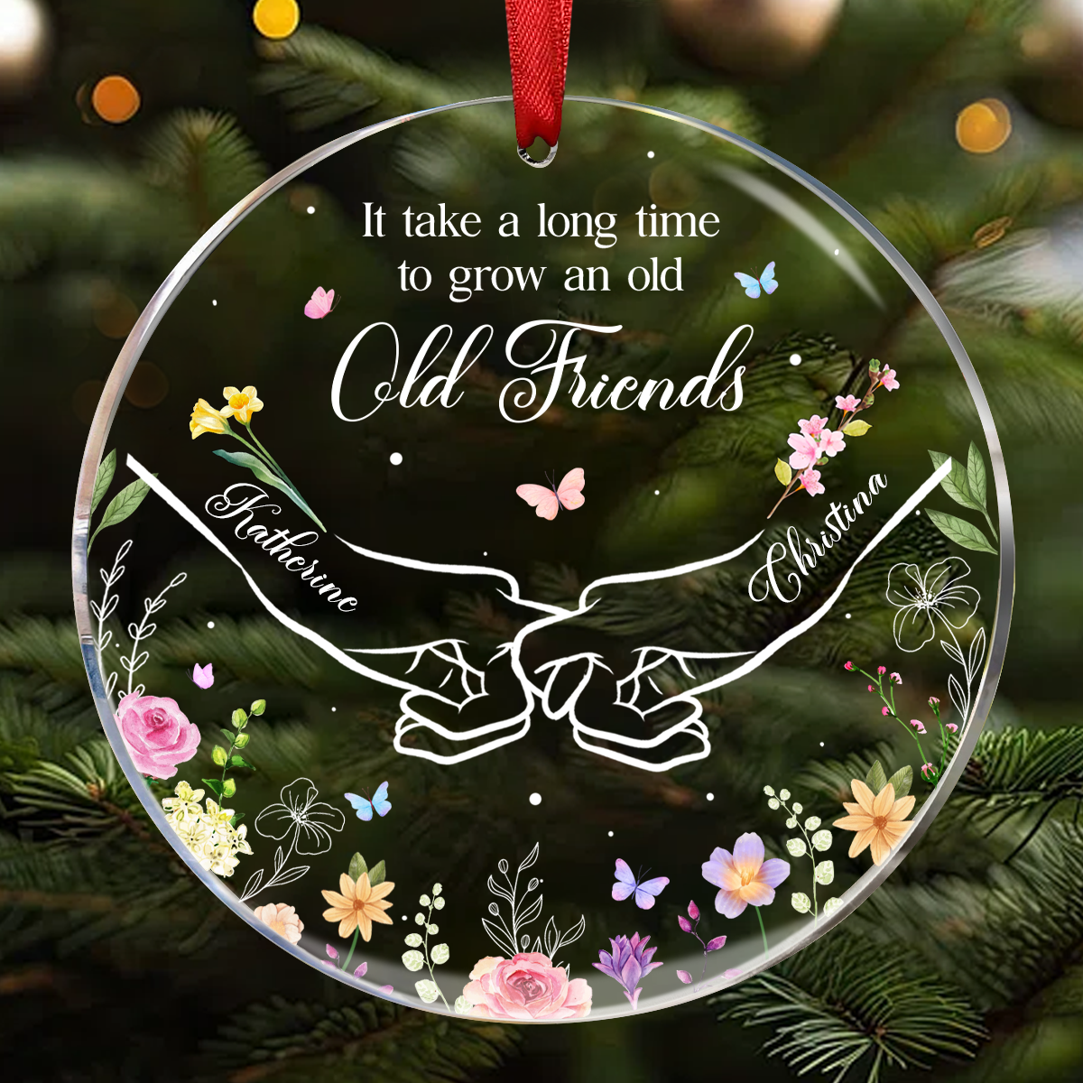 Birth Flower Hands Grow An Old Friend - Personalized Circle Acrylic Ornament