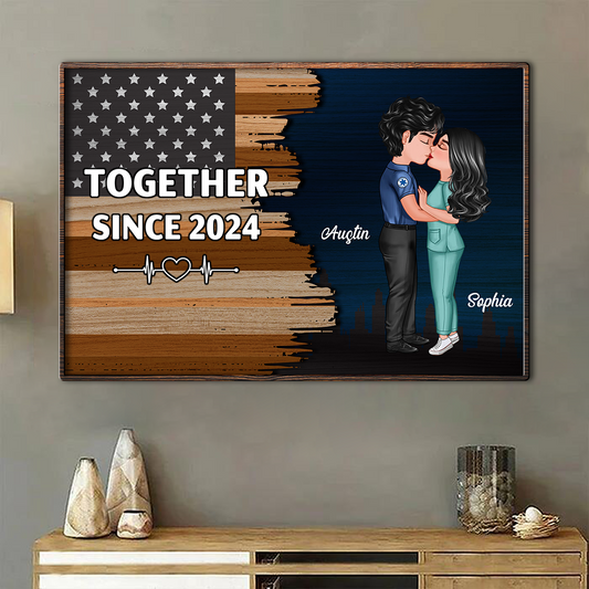 Hero Couple Kissing Half Flag Gifts by Occupation Firefighter, Nurse, Police Officer Personalized Horizontal Poster