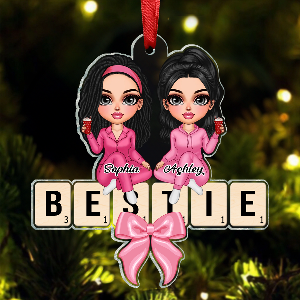 Coquette Besties Sisters Puzzle Art Personalized Acrylic Ornament, Christmas Gift For Besties Sisters Friends