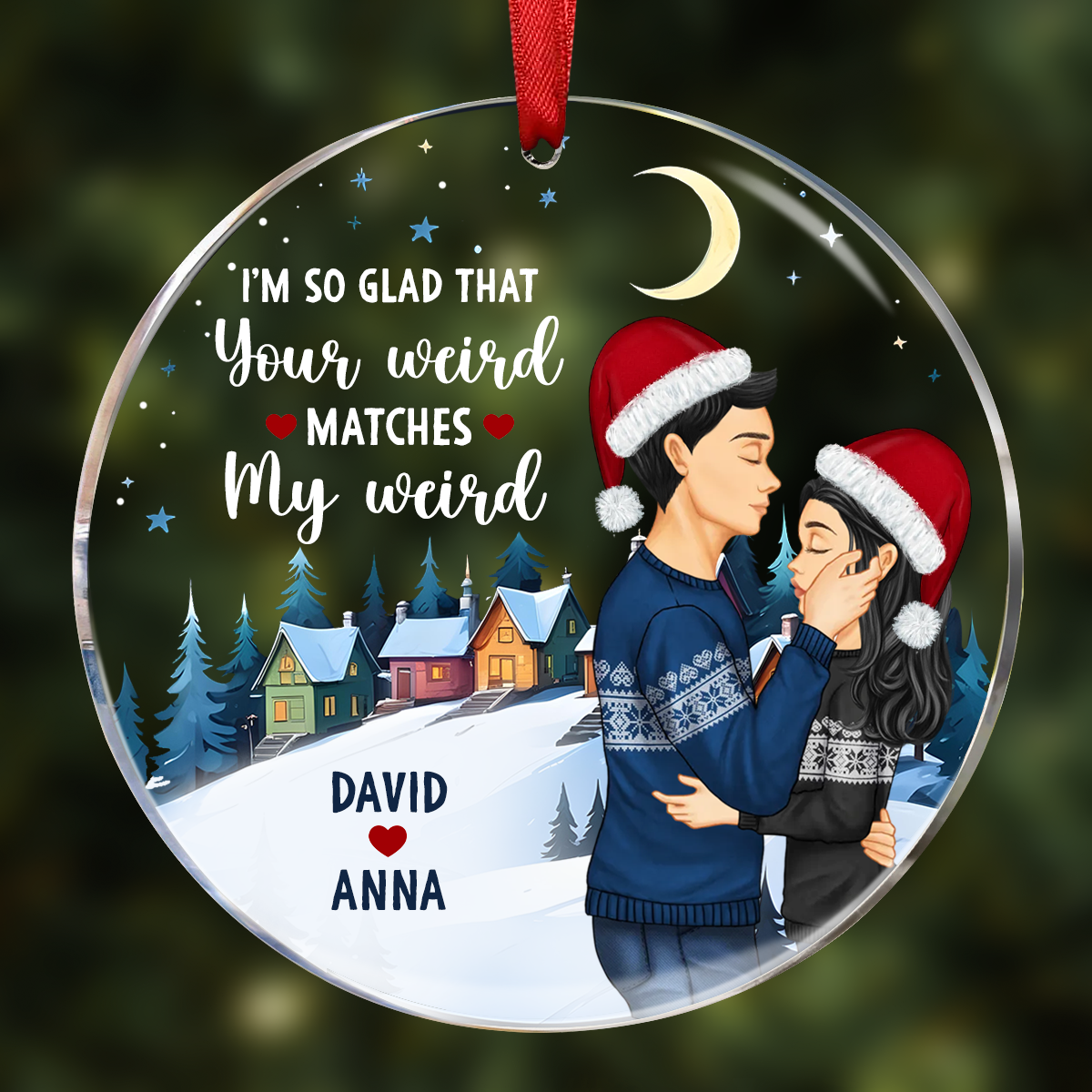 Christmas Couple Side View Your Weird My Weird - Personalized Circle Acrylic Ornament