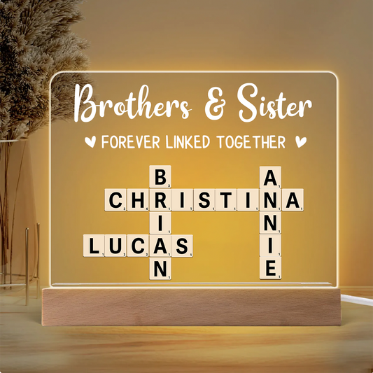 Brothers & Sisters Forever Linked Together Crossword Puzzle Art Personalized Acrylic Warm LED Night Light, Christmas Gift For Brothers, Sisters, Siblings, Family