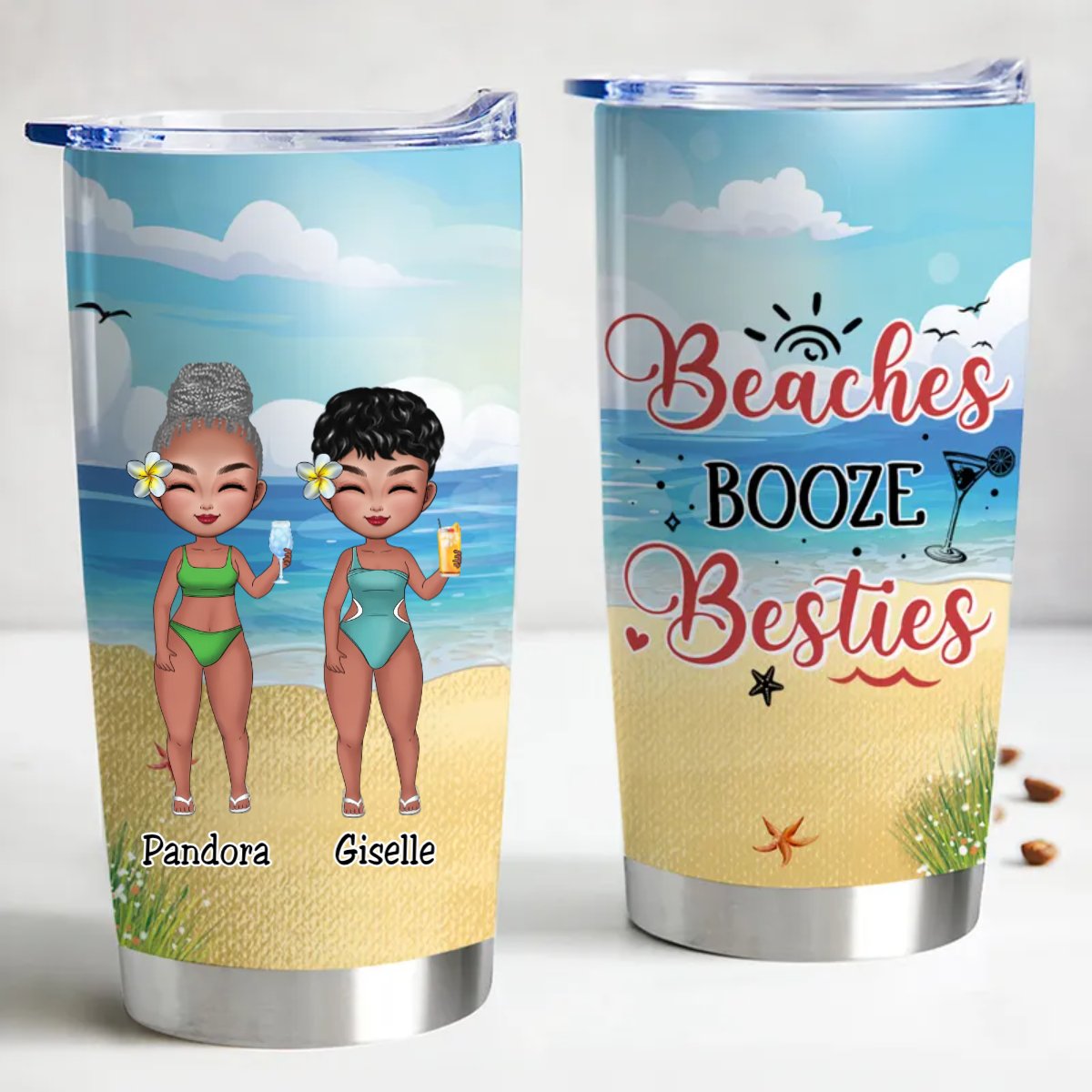 20oz Stainless Steel Insulated Tumbler - Personalized Beaches Booze Besties - Makezbright Gifts