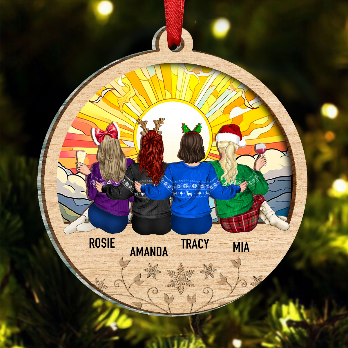 Christmas Besties Sister Sitting Together - Personalized Acrylic Ornament