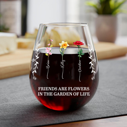 Birth Flower Grow An Old Friend Bestie - Personalized Stemless Wine Glass