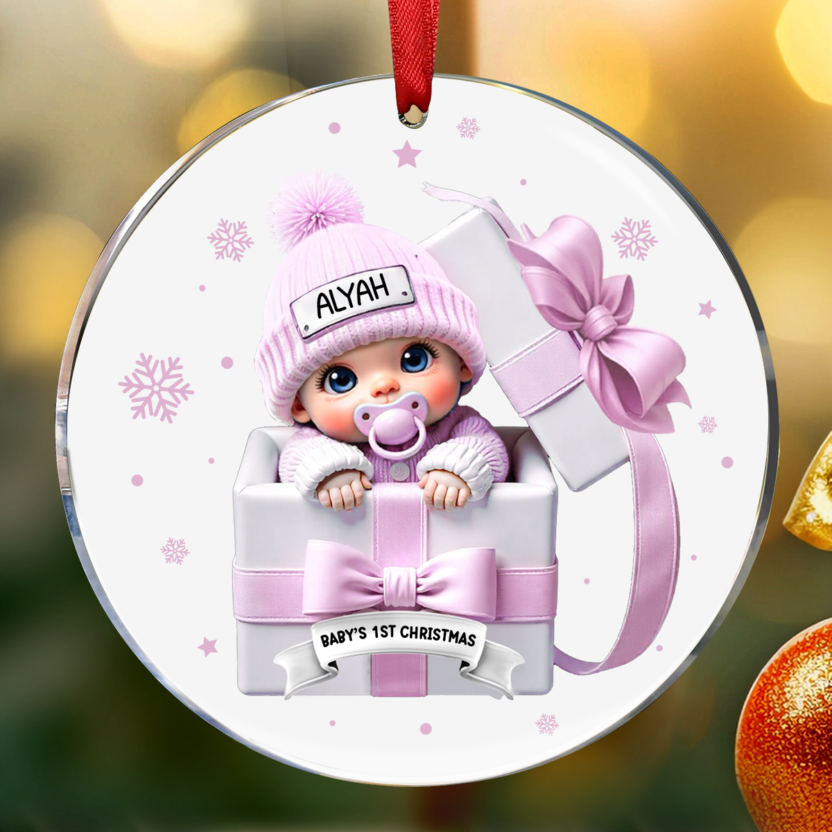 Baby Inside Gift Box Personalized Ceramic Ornament, Baby First Christmas Keepsake