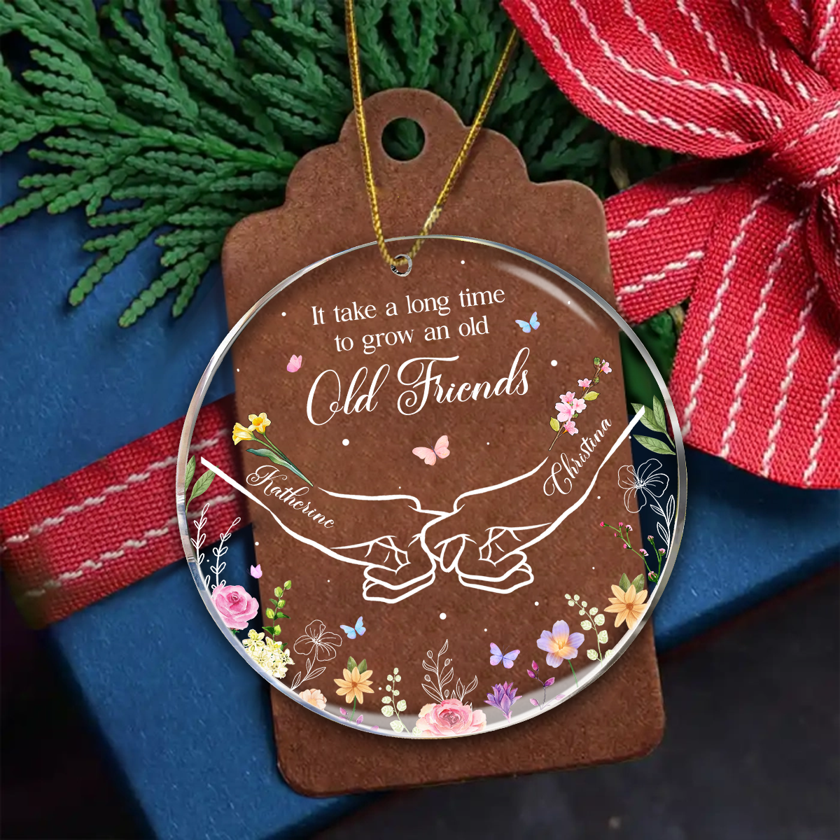 Birth Flower Hands Grow An Old Friend - Personalized Circle Acrylic Ornament