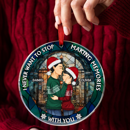 Christmas Couple Sideview Stained Acrylic Making Memories - Personalized Circle Acrylic Ornament