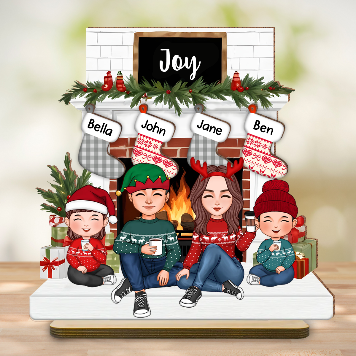 Cute Family Dad Mom Kids Sitting At Christmas Fireplace Personalized 2-Layer Standing Wooden Plaque