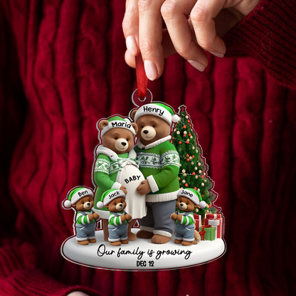 3D Effect Bear Couple Family Expecting New Baby Pregnancy Announcement Keepsake Personalized Acrylic Ornament