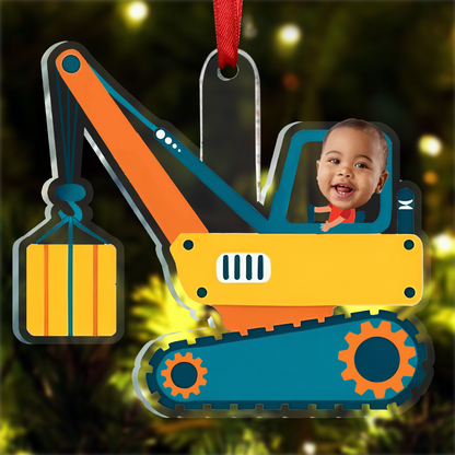 Christmas Boy Riding Construction Vehicle - Personalized Babys Photo First Christmas Ornament