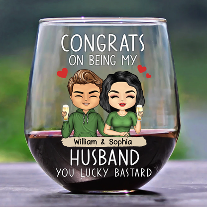 Congrats On Being My Husband Chibi Couples - Personalized Stemless Wine Glass