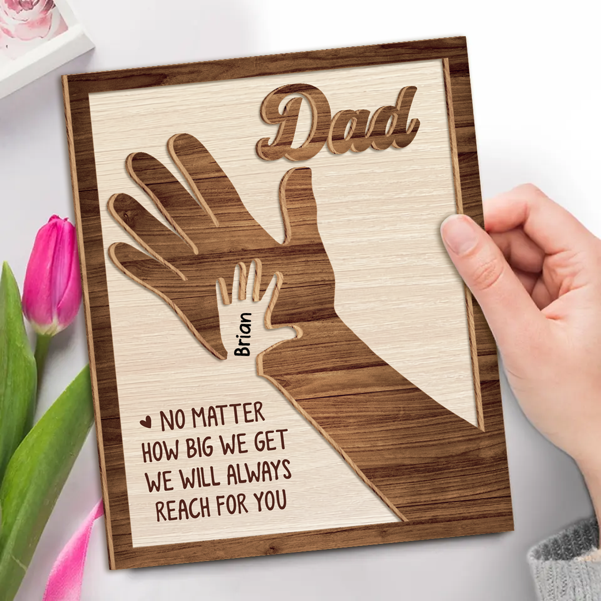 We Hold Our Hands Together And Forever - Family Personalized Custom 2-Layered Wooden Plaque With Stand - Father's Day, Gift For Dad, Grandpa