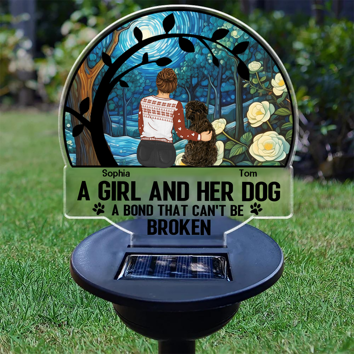 Flower Field A Girl And Her Dog And Cat - Personalized Solar Light