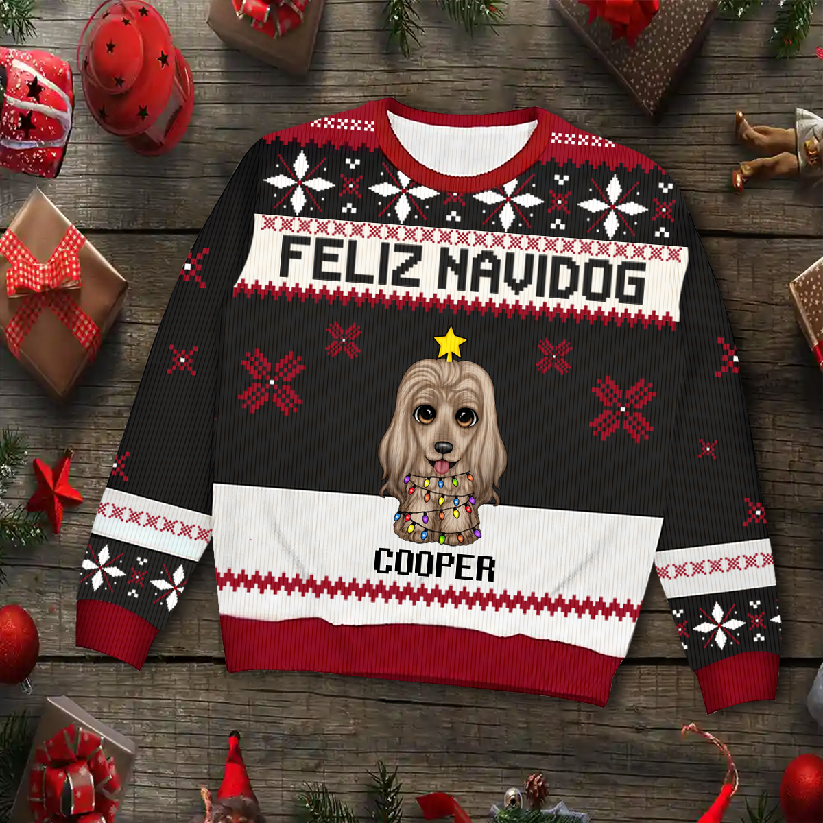 Christmas Big Eyes Dog Feliz Navidog - Personalized Unisex Ugly Sweater