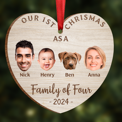 Custom Photo First Christmas As A Family Of Four - Personalized Custom Shaped Wooden Ornament