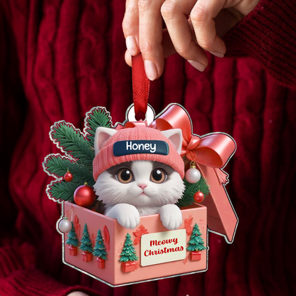 Cute Cat Inside Gift Box Personalized 2D Flat Acrylic Ornament, Christmas Gift for Cat Lovers