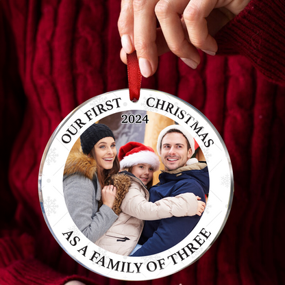 Custom Photo First Christmas As A Family Of Three New Parents - Personalized Circle Acrylic Ornament