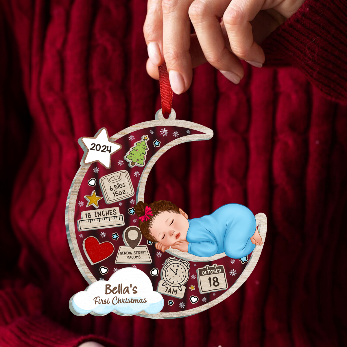 Baby Sleeping On Moon First Christmas Personalized Ornament, Custom Newborn Gift