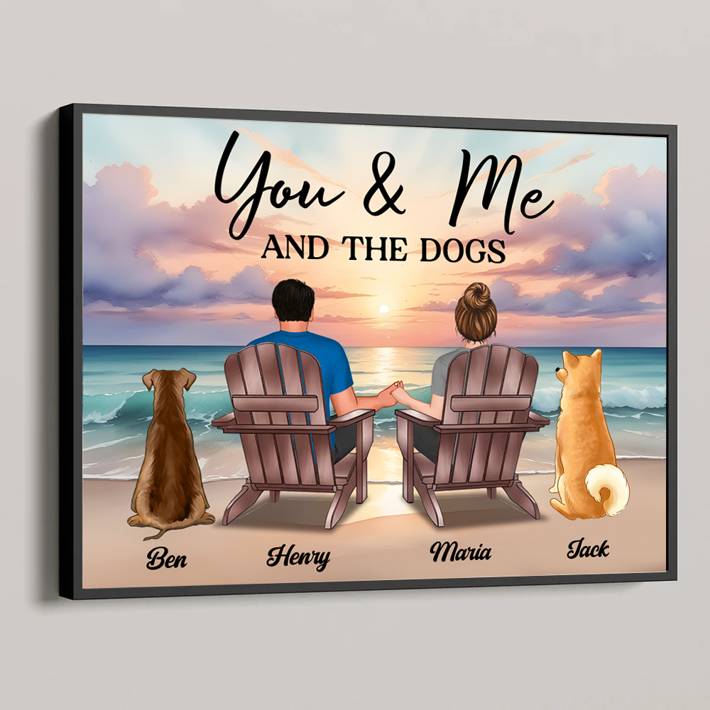 You Me And The Dogs Cats Couple Realistic Beach Landscape Personalized Poster, Birthday Gift, Anniversary Gift, Unique 2024 Christmas Gift For Him, For Her