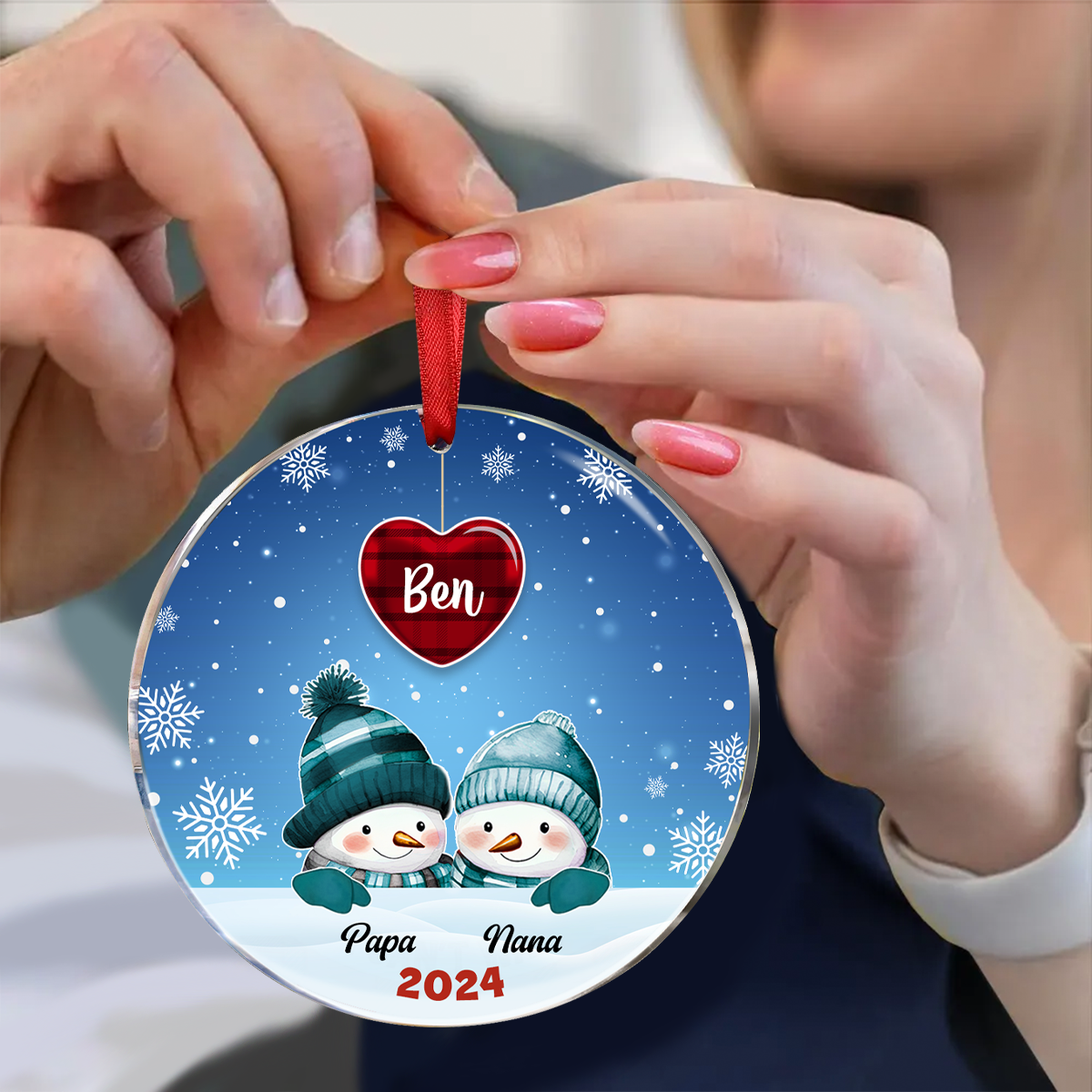 Papa Nana Snowman Christmas Grandparents - Personalized Circle Acrylic Ornament