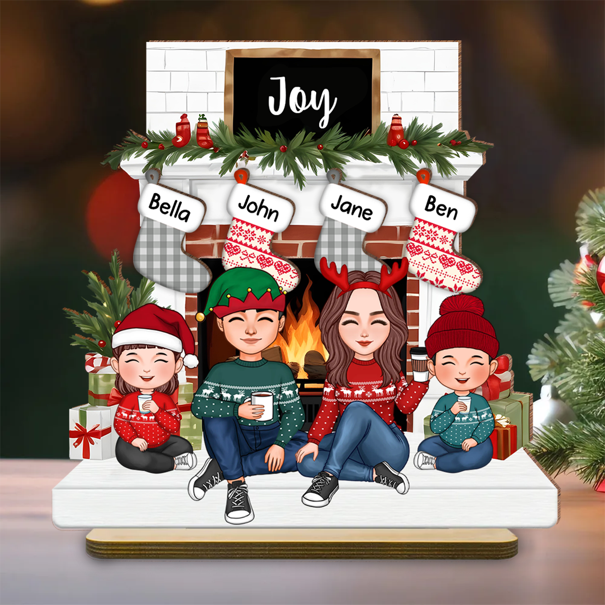 Cute Family Dad Mom Kids Sitting At Christmas Fireplace Personalized 2-Layer Standing Wooden Plaque