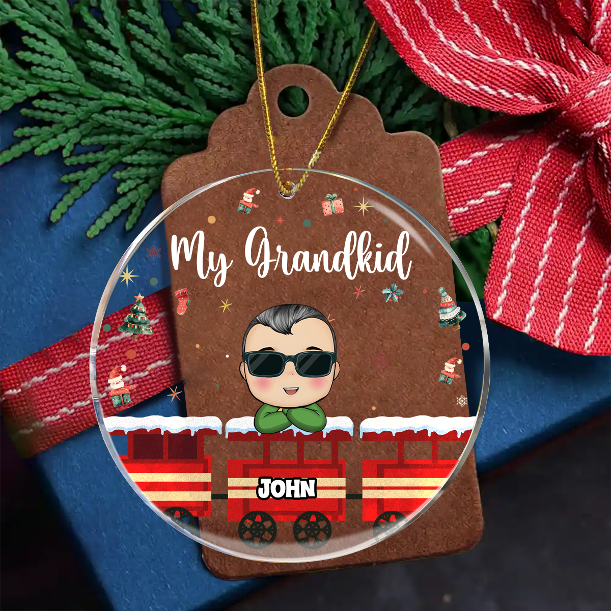 Christmas Train Chibi Grandkids 2024 - Personalized Circle Acrylic Ornament