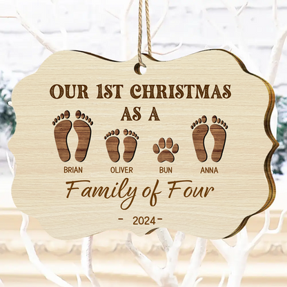 First Christmas As A Family Of Four Footprints - Personalized Medallion Wooden Ornament