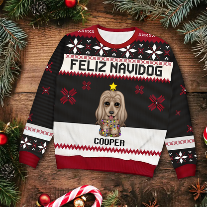 Christmas Big Eyes Dog Feliz Navidog - Personalized Unisex Ugly Sweater