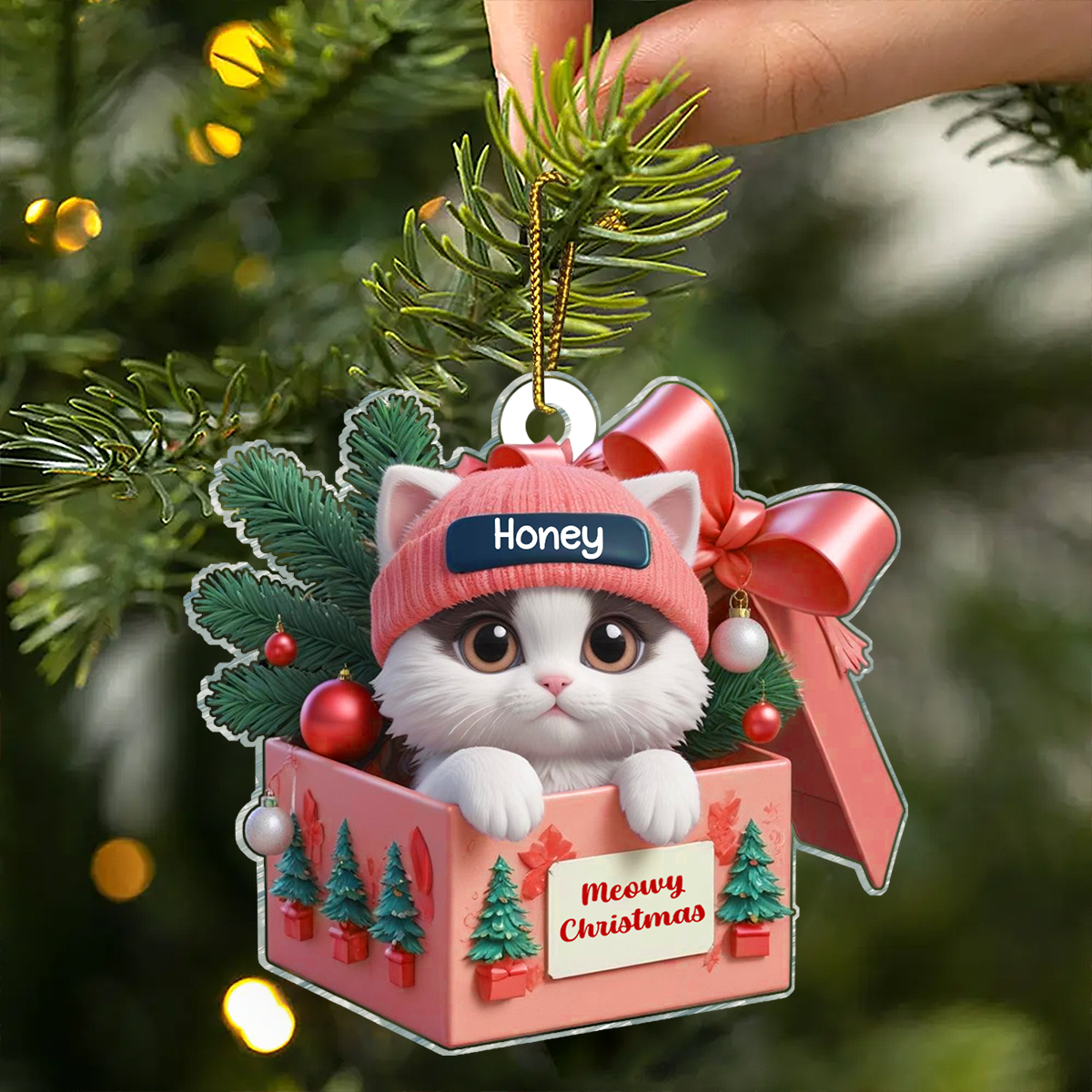 Cute Cat Inside Gift Box Personalized 2D Flat Acrylic Ornament, Christmas Gift for Cat Lovers