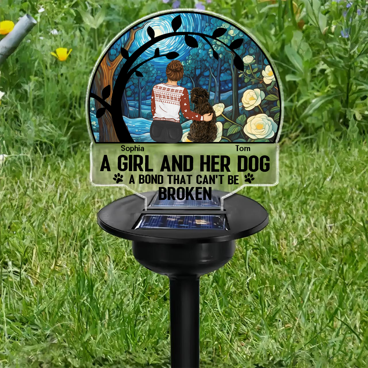 Flower Field A Girl And Her Dog And Cat - Personalized Solar Light