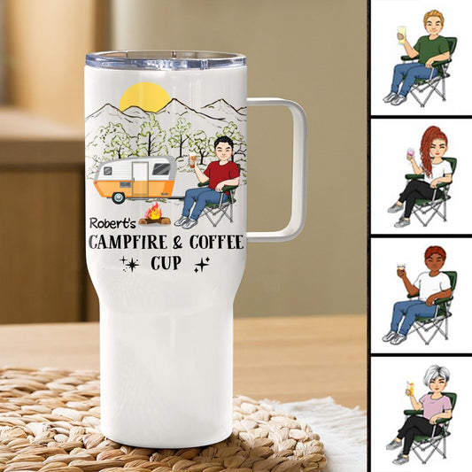 40oz Camping Lovers - Campfire And Coffee Cup - Personalized Tumbler With Handle - Makezbright Gifts