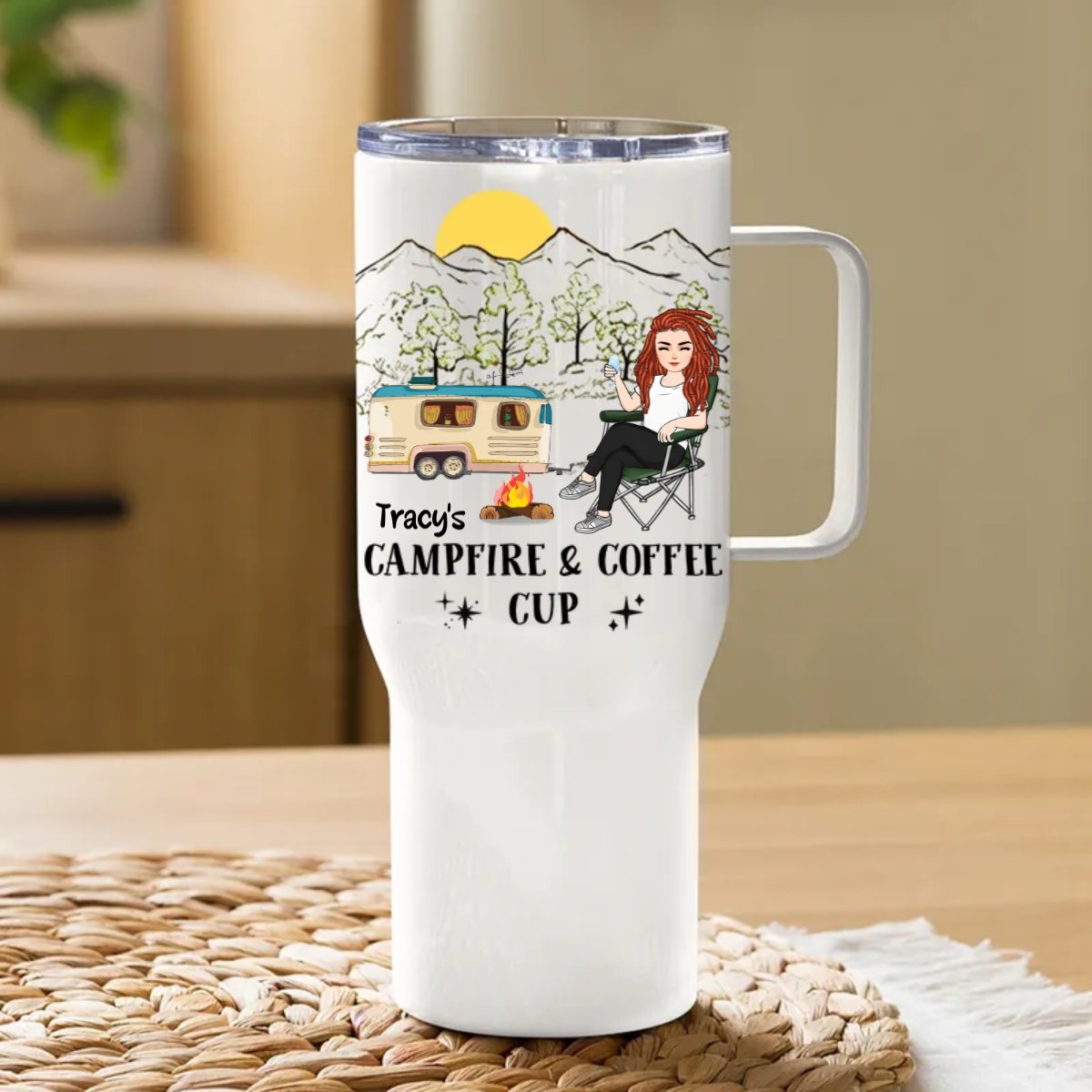 40oz Camping Lovers - Campfire And Coffee Cup - Personalized Tumbler With Handle - Makezbright Gifts