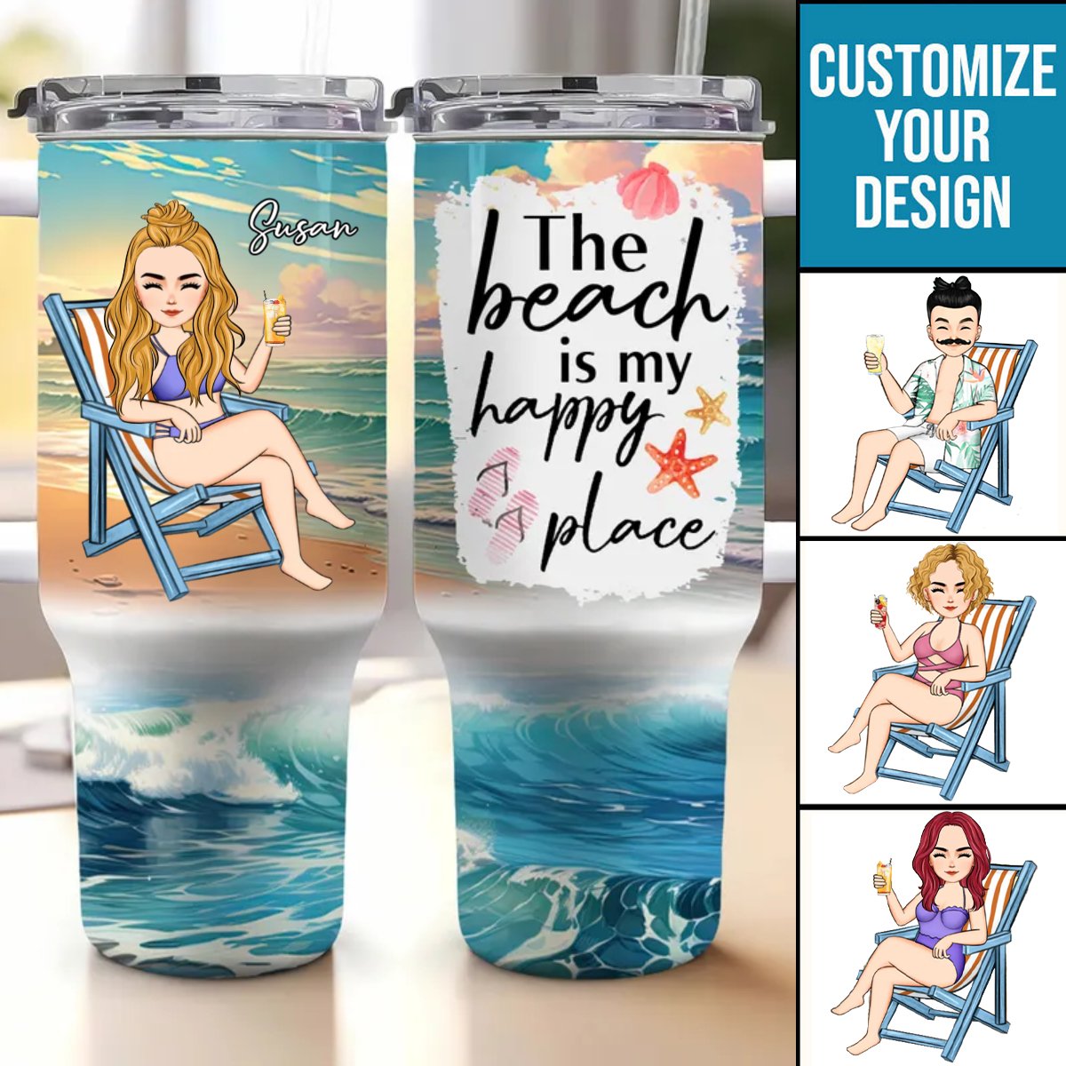 40oz Friends - The Beach Is My Happy Place - Personalized Tumbler With Straw - Makezbright Gifts