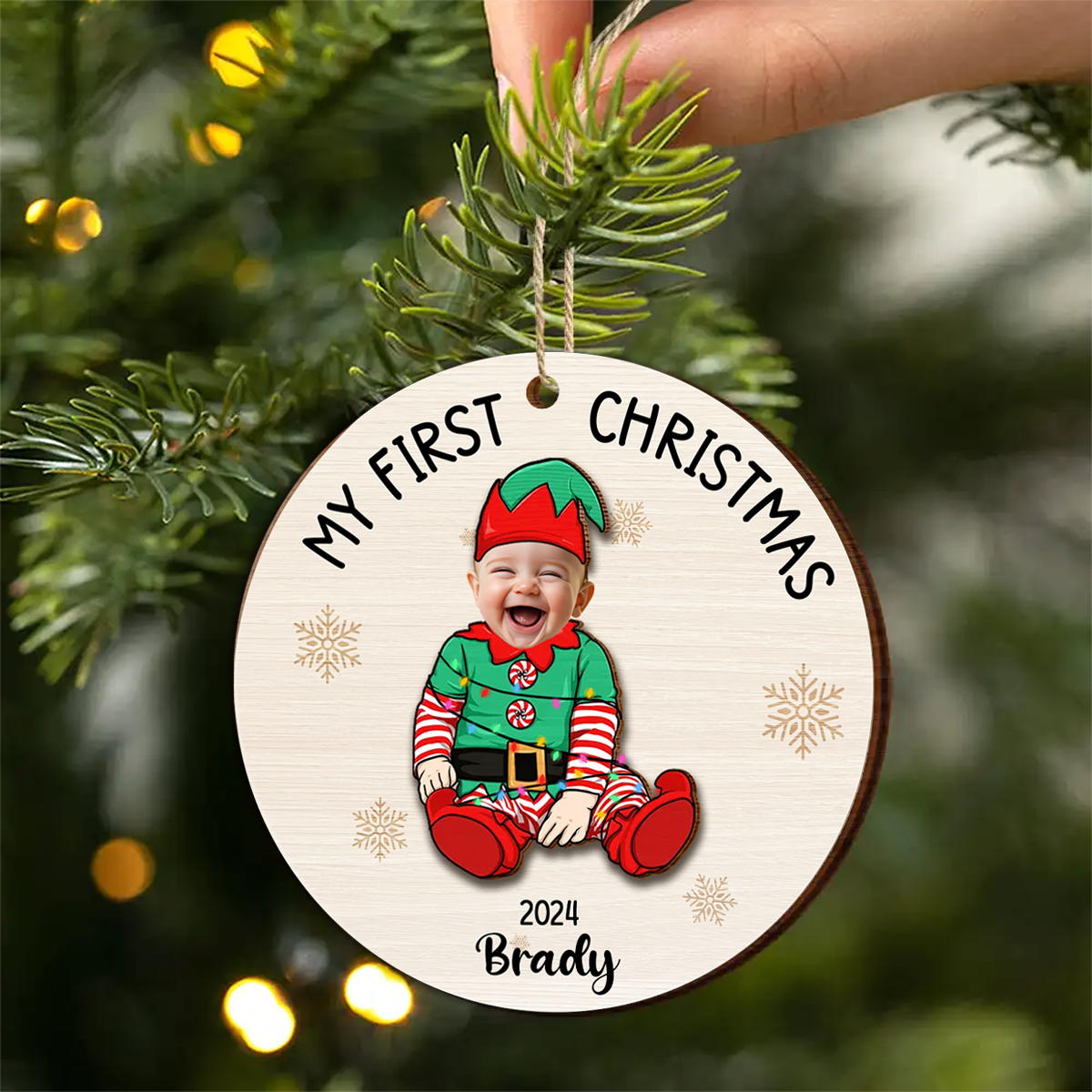 Custom Photo Baby's First Christmas Costumes - Personalized Wooden Ornament