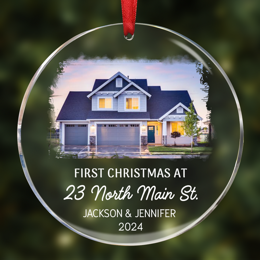 Custom Photo First Christmas At New Home Couple Family - Personalized Circle Acrylic Ornament