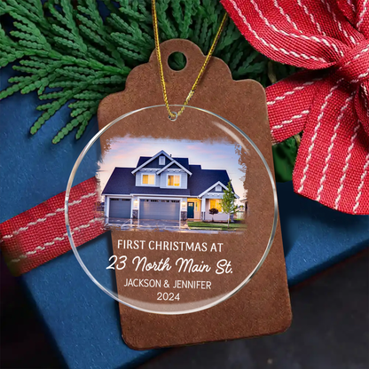 Custom Photo First Christmas At New Home Couple Family - Personalized Circle Acrylic Ornament