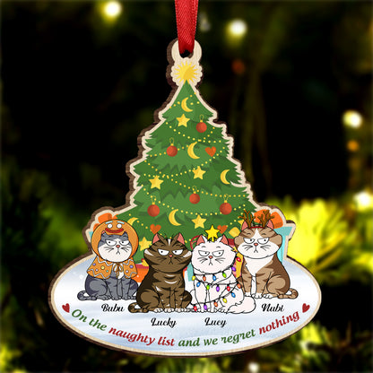 On The Naughty List & We Regret Nothing Funny Cartoon Cats - Christmas Gift For Cat Lovers - Personalized Custom Shaped Wooden Ornament