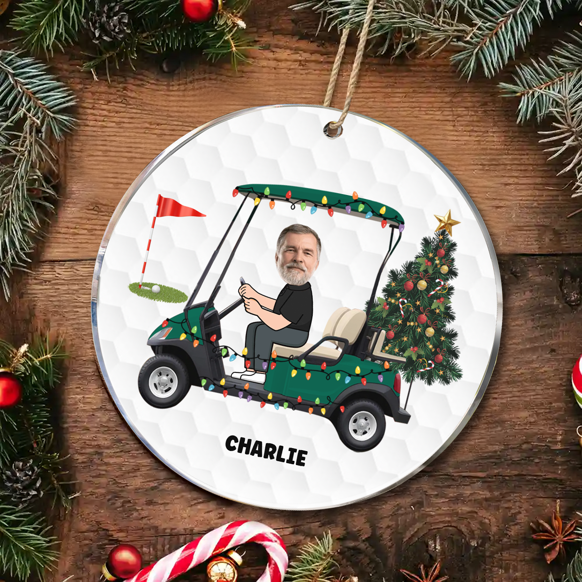 Custom Photo Funny Face Golf Cart - Personalized Circle Acrylic Ornament