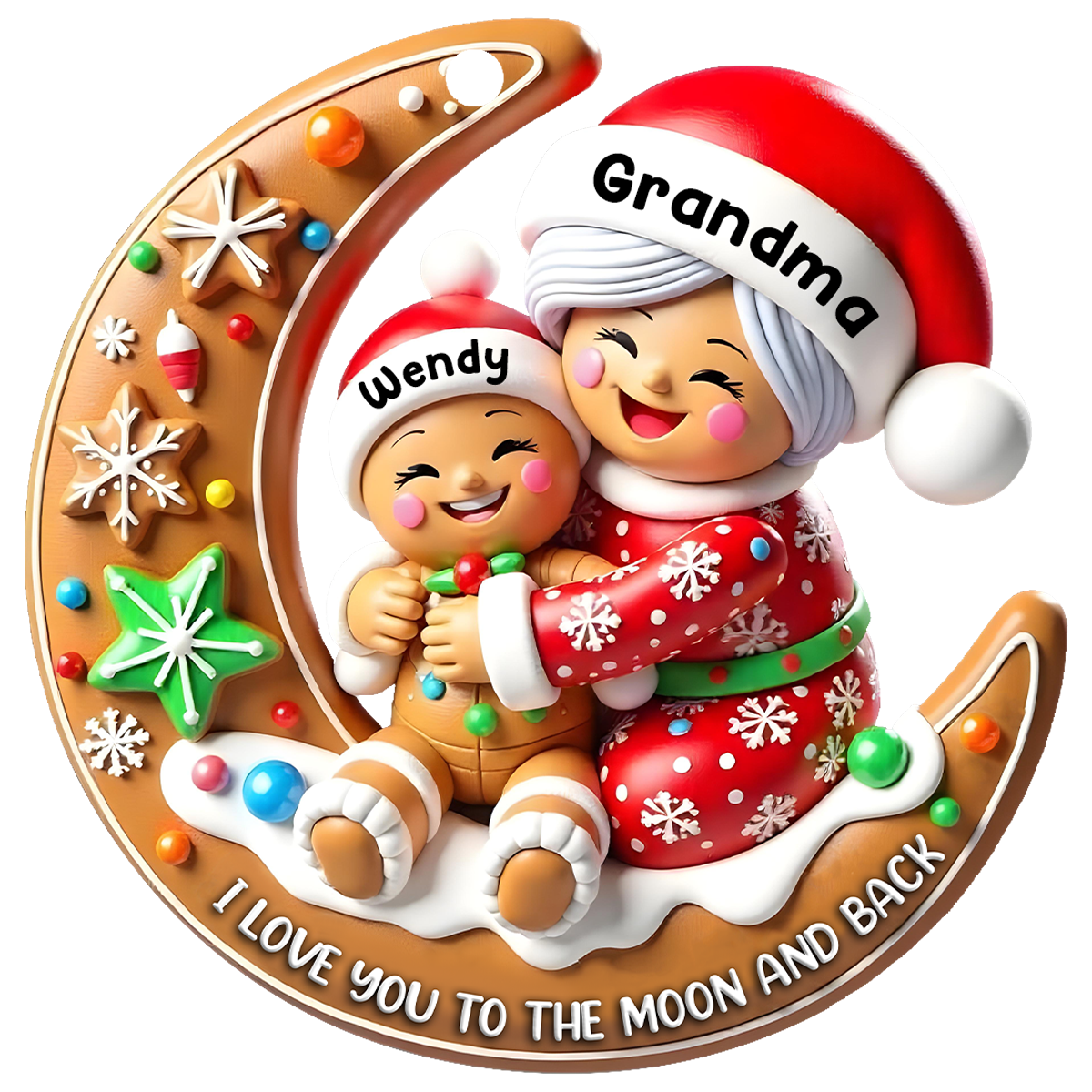 3D Effect Gingerbread Grandma Hugging Grandkid On Moon Christmas Personalized Acrylic Ornament, Meaningful Gift For Granddaughter, Grandson