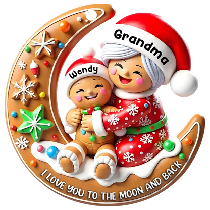 3D Effect Gingerbread Grandma Hugging Grandkid On Moon Christmas Personalized Acrylic Ornament, Meaningful Gift For Granddaughter, Grandson