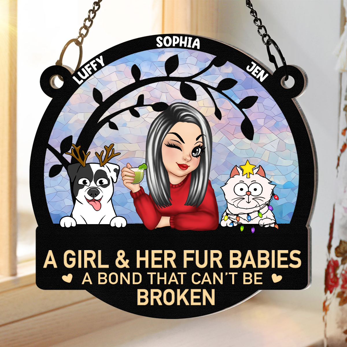 A Girl And Her Cats A Bond That Can't Be Broken Turban Woman - Personalized Window Hanging Suncatcher Ornament